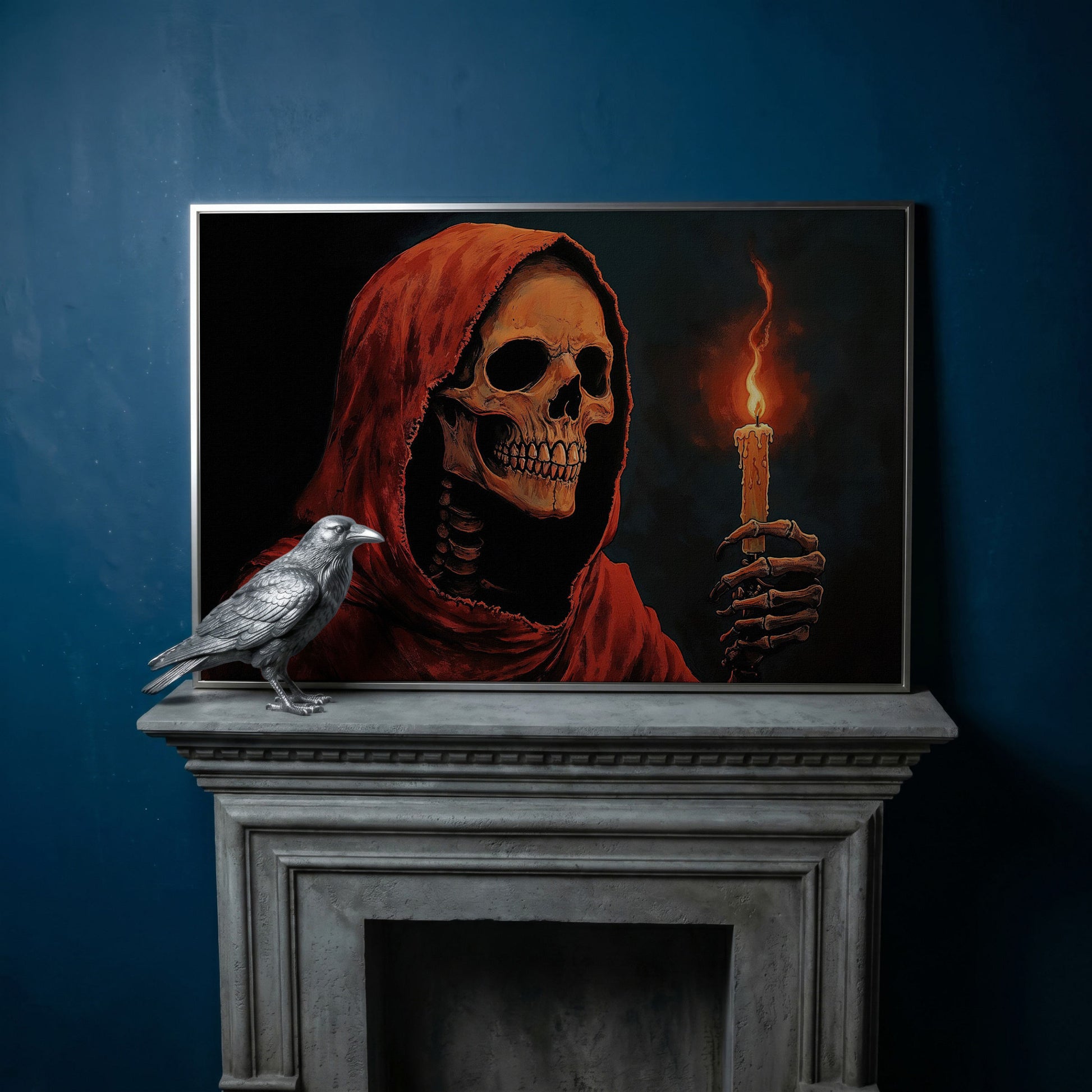 Skeleton with Candle Canvas Wall Art in silver floating frame