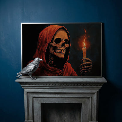 Skeleton with Candle Canvas Wall Art in silver floating frame