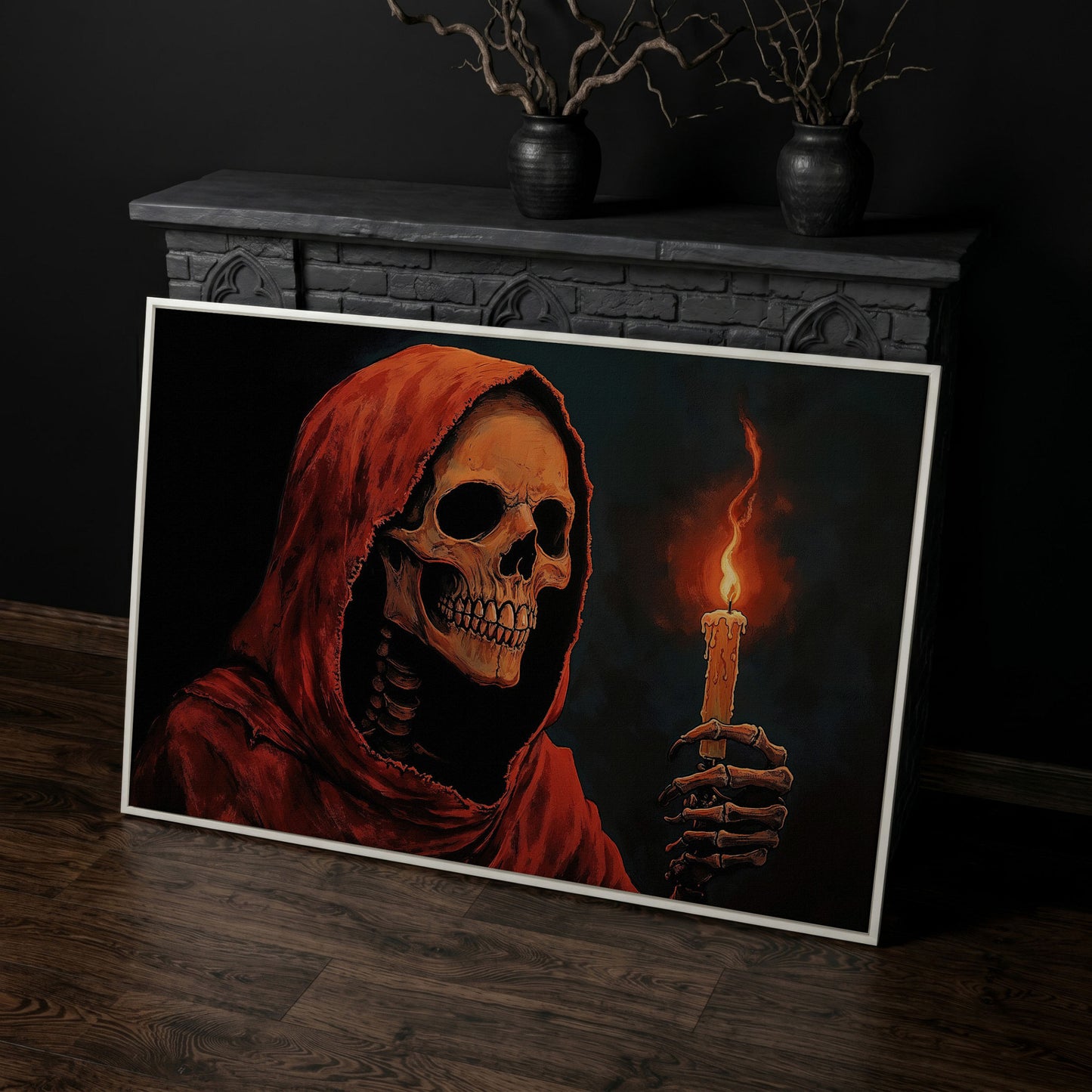 Skeleton with Candle Canvas Wall Art in white floating frame