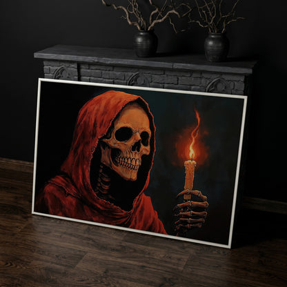 Skeleton with Candle Canvas Wall Art in white floating frame