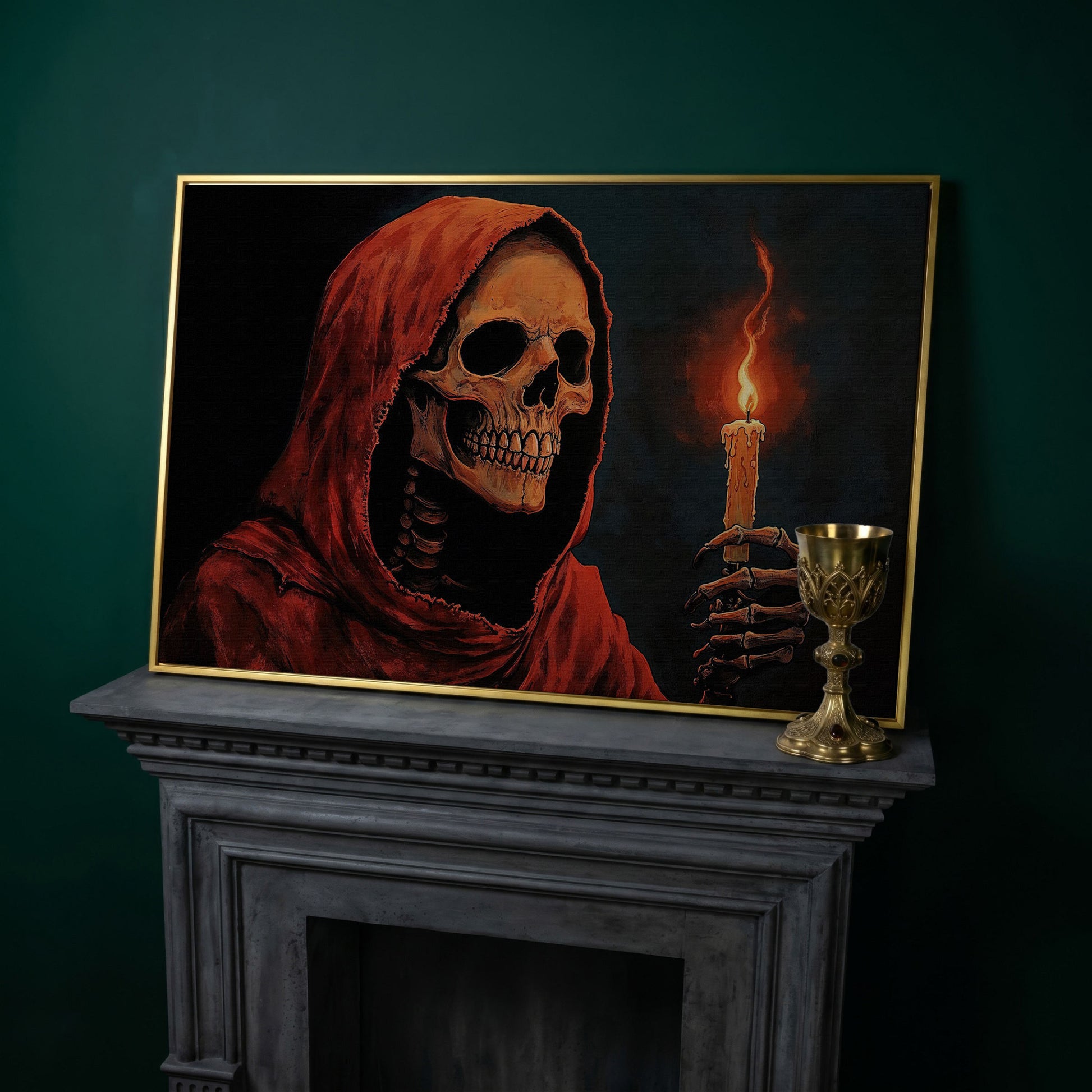 Skeleton with Candle Canvas Wall Art in yellow gold floating frame