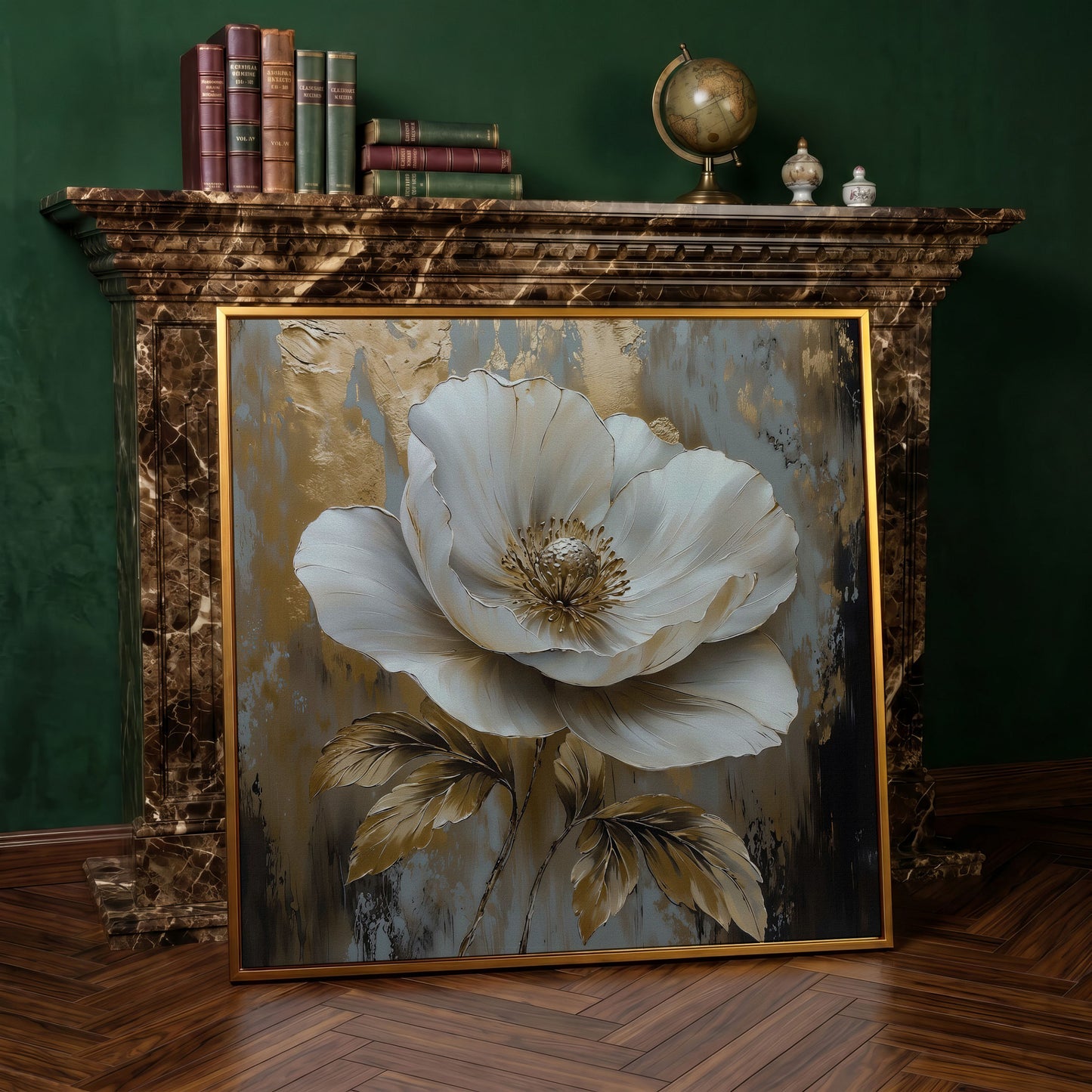 White Flower Abstract Canvas in antique gold floating frame