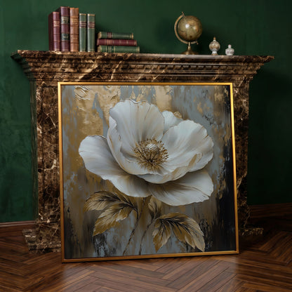 White Flower Abstract Canvas in antique gold floating frame