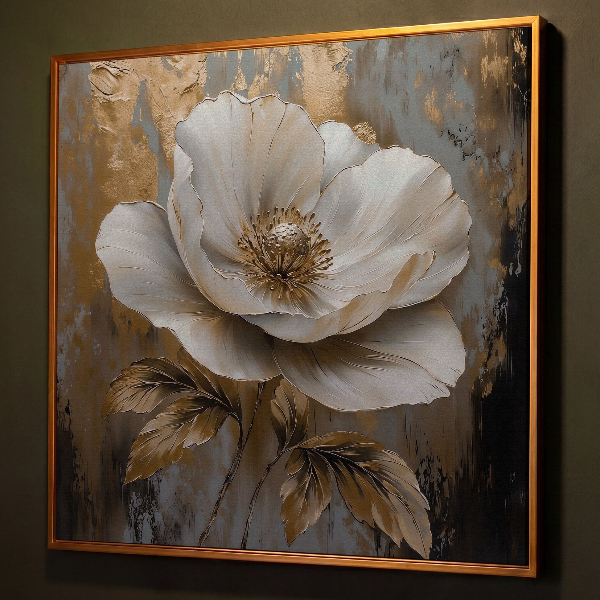 White Flower Abstract Canvas shown in antique gold floating frame