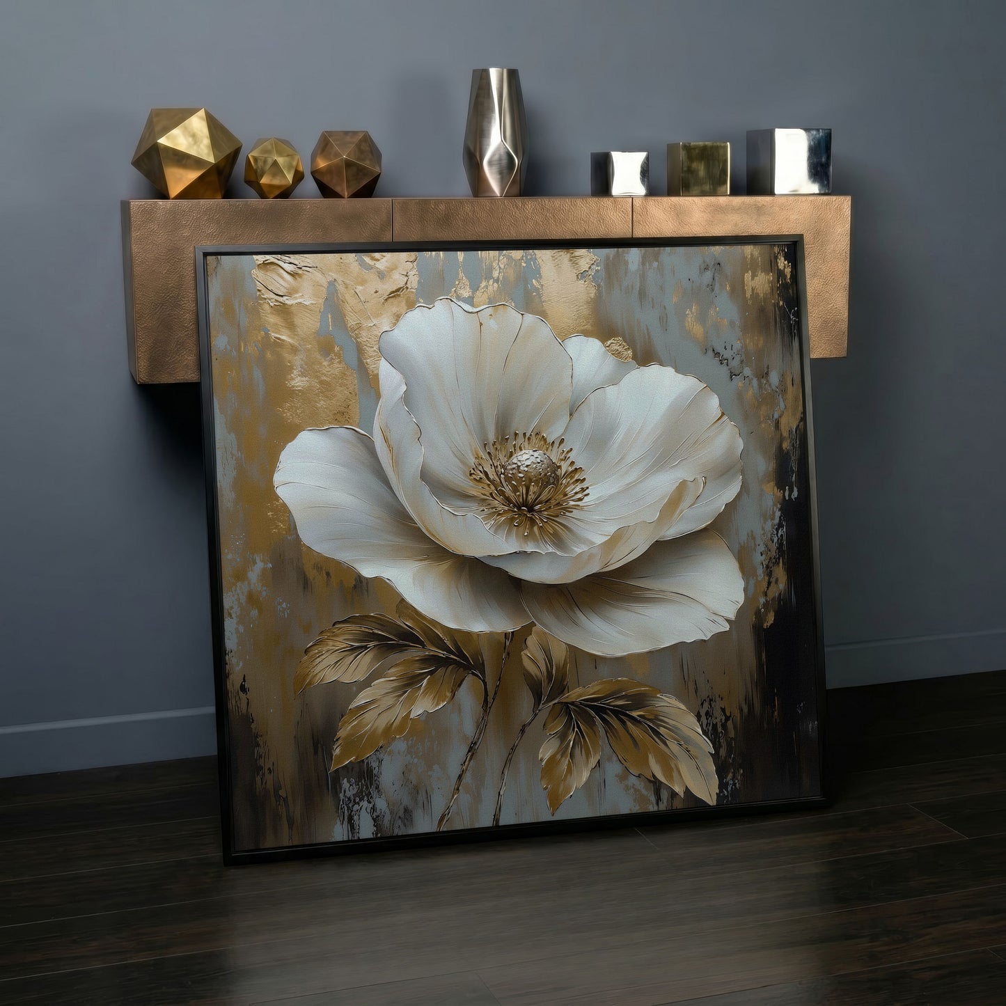 White Flower Abstract Canvas in black floating frame
