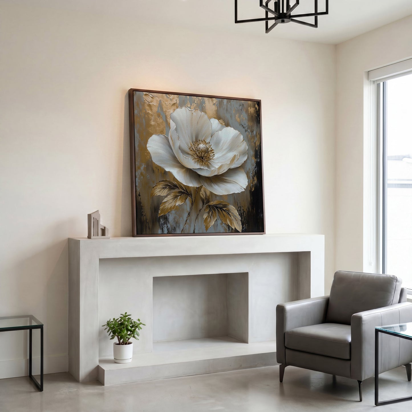 White Flower Abstract Canvas in dark walnut floating frame