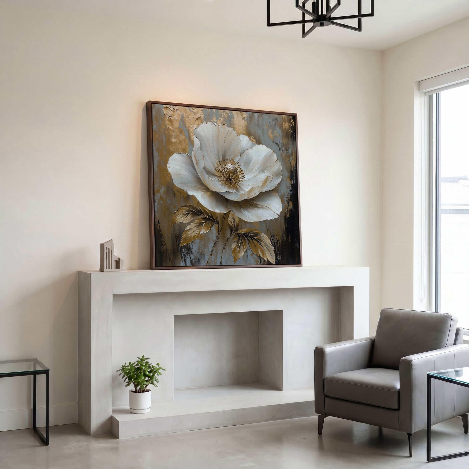 White Flower Abstract Canvas in dark walnut floating frame