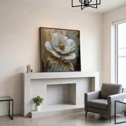 White Flower Abstract Canvas in dark walnut floating frame