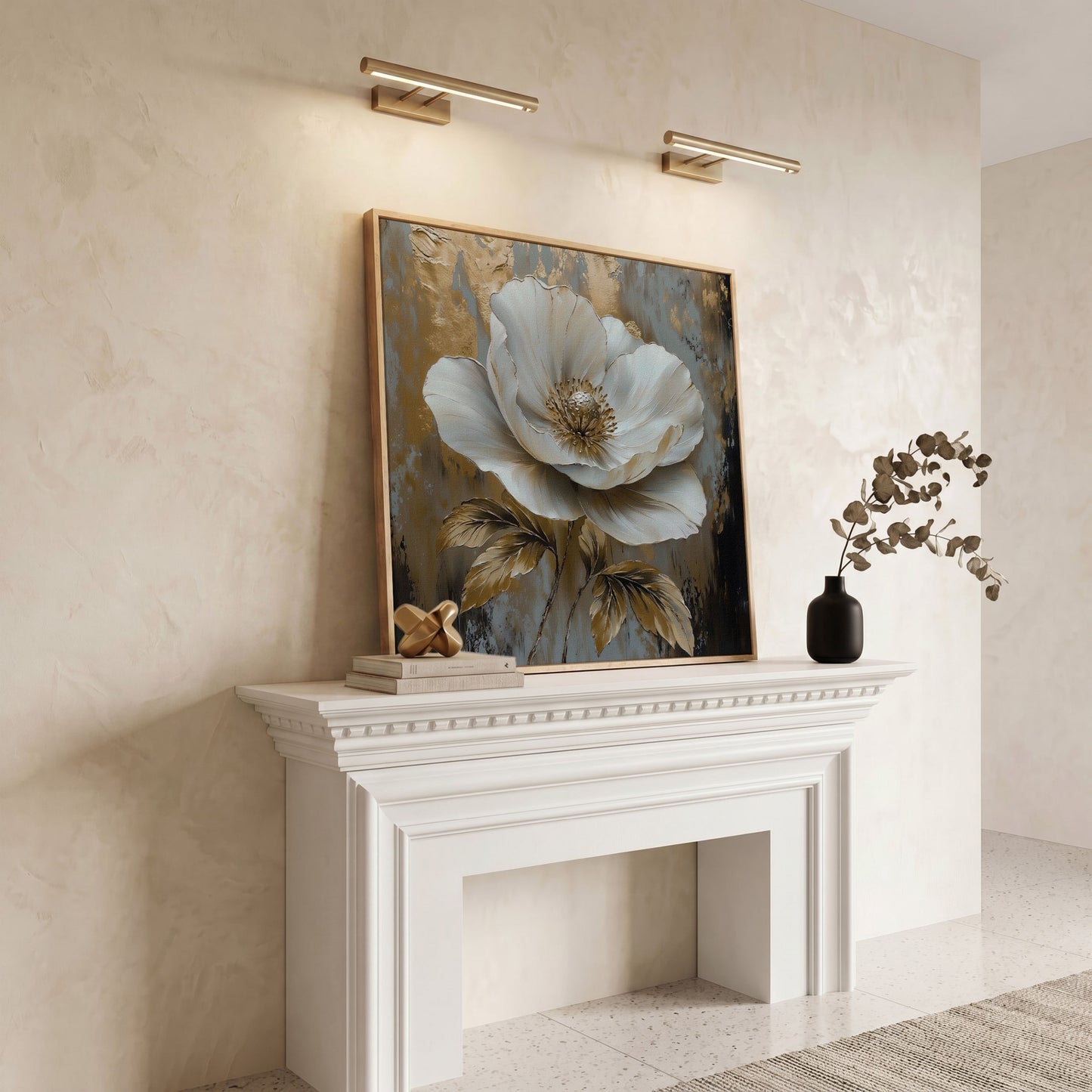 White Flower Abstract Canvas in white oak floating frame