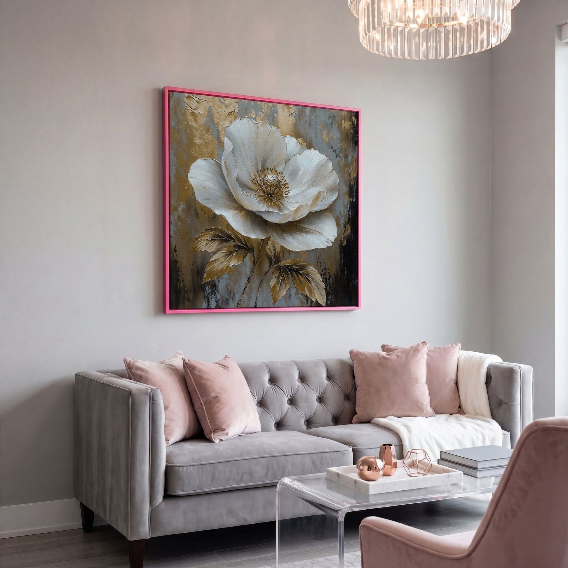White Flower Abstract Canvas in pink floating frame