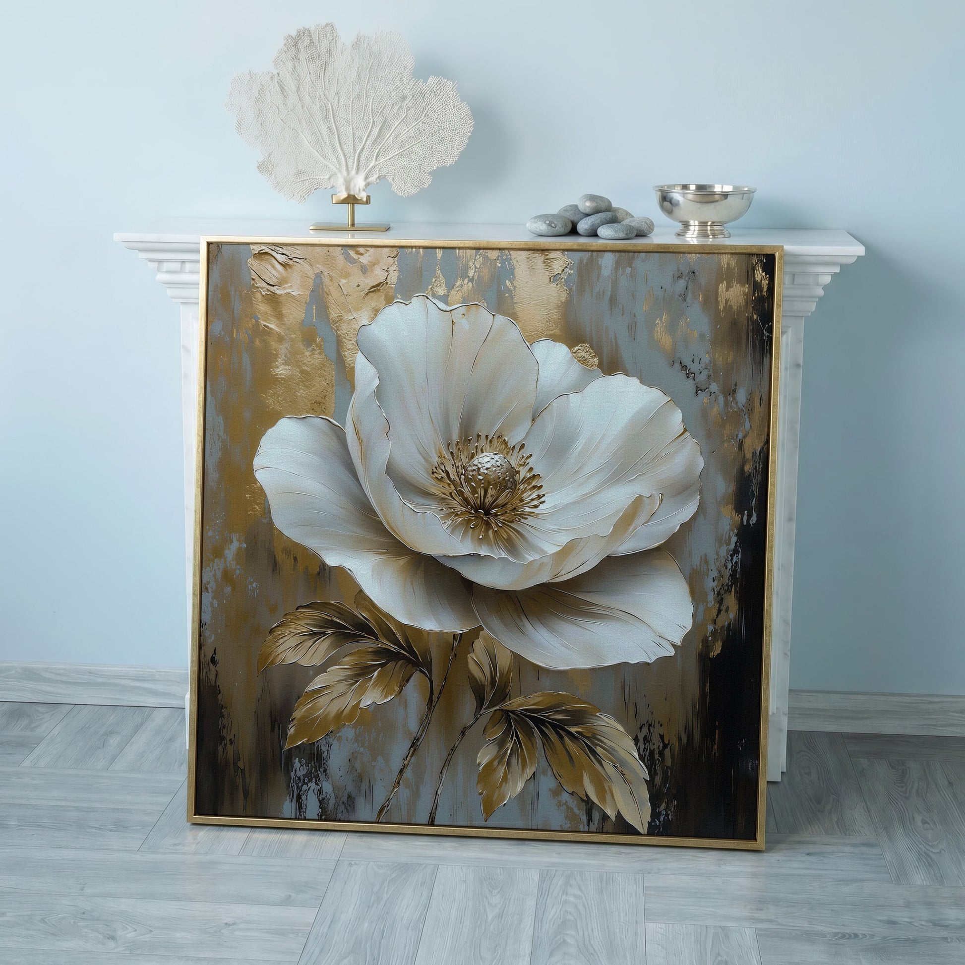 White Flower Abstract Canvas in rose gold floating frame