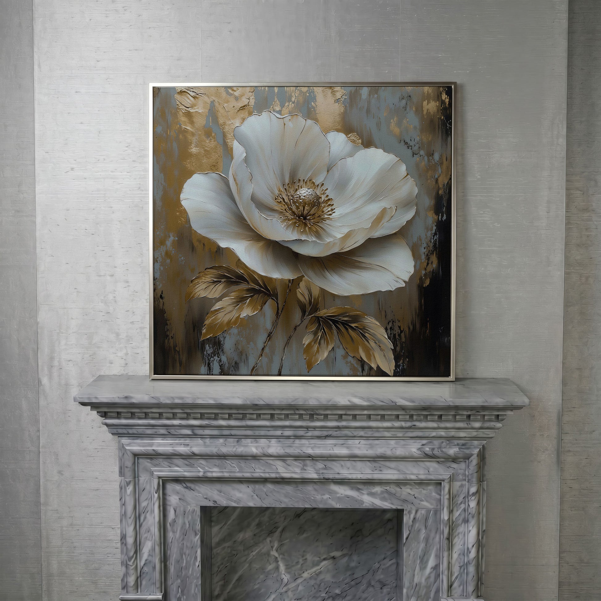 White Flower Abstract Canvas in silver floating frame