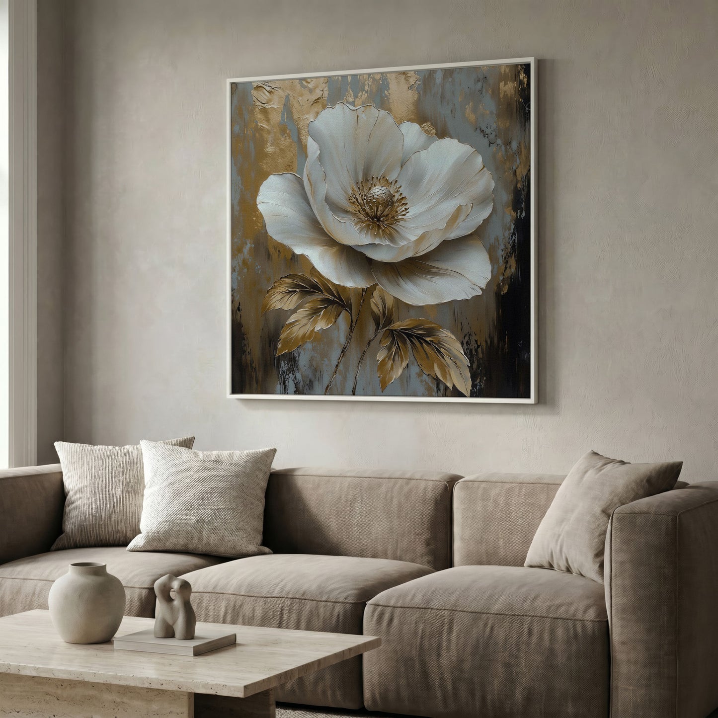 White Flower Abstract Canvas in white floating frame