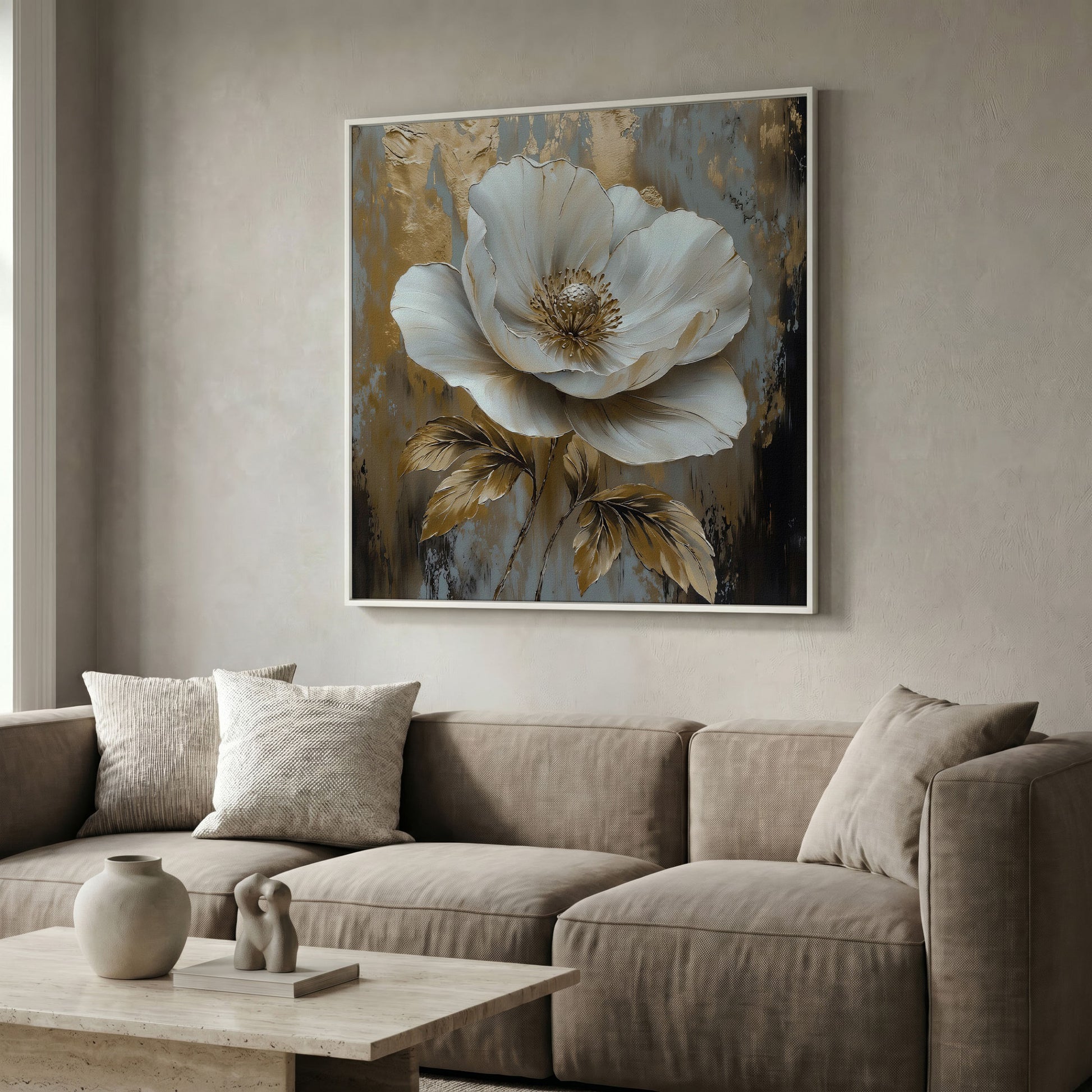 White Flower Abstract Canvas in white floating frame