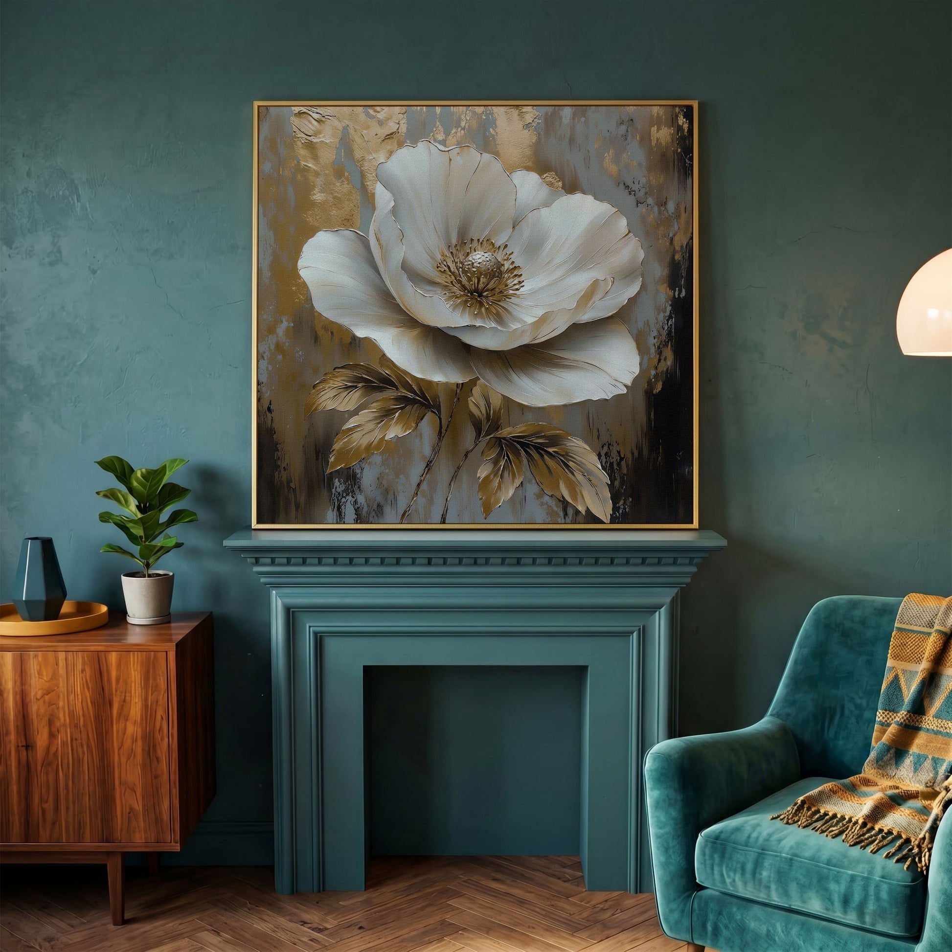 White Flower Abstract Canvas in yellow gold floating frame