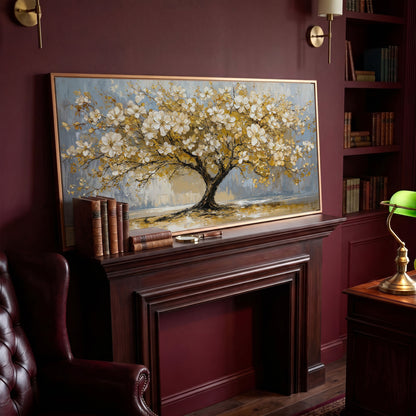 Flowering Tree Canvas Wall Art in antique gold floating frame