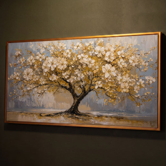 Flowering Tree Canvas Wall Art shown in antique gold floating frame