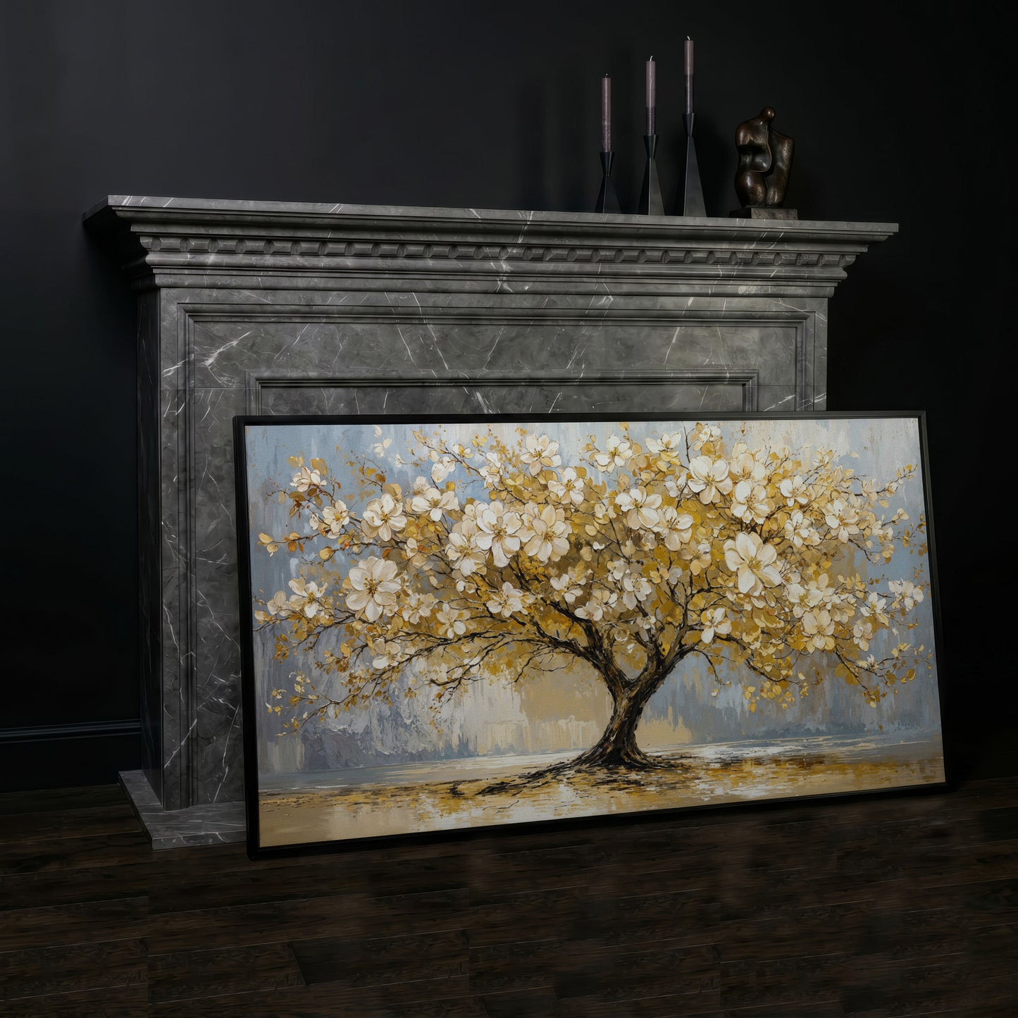 Flowering Tree Canvas Wall Art in black floating frame