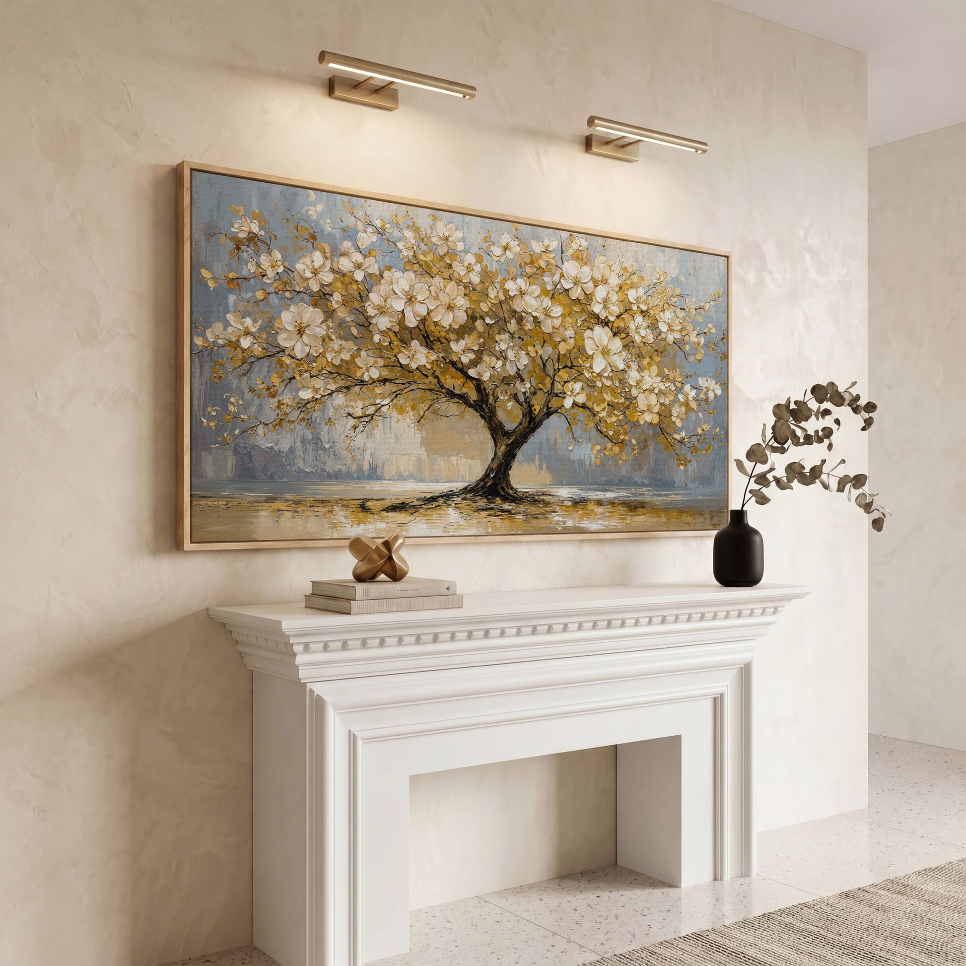 Flowering Tree Canvas Wall Art in white oak floating frame