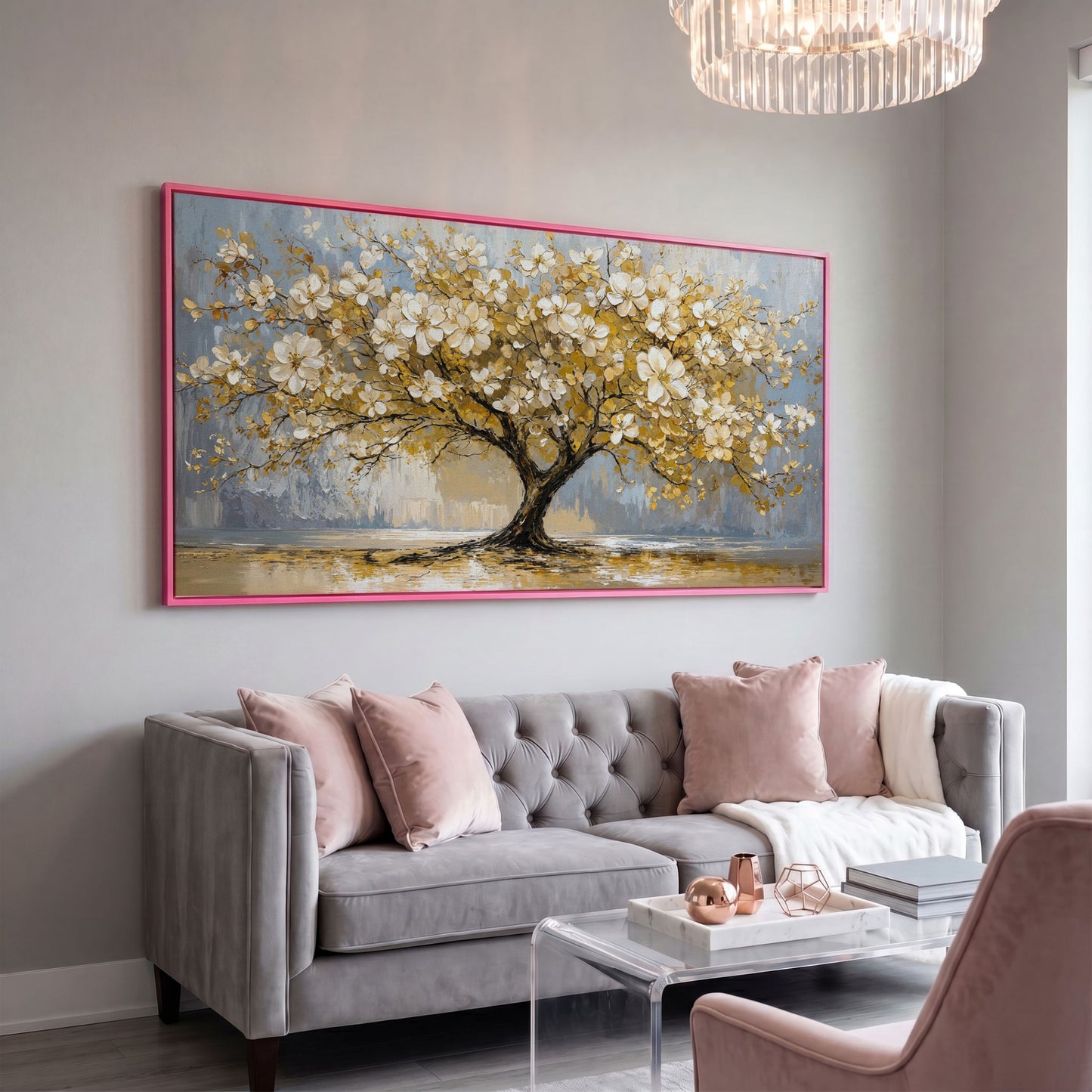 Flowering Tree Canvas Wall Art in pink floating frame