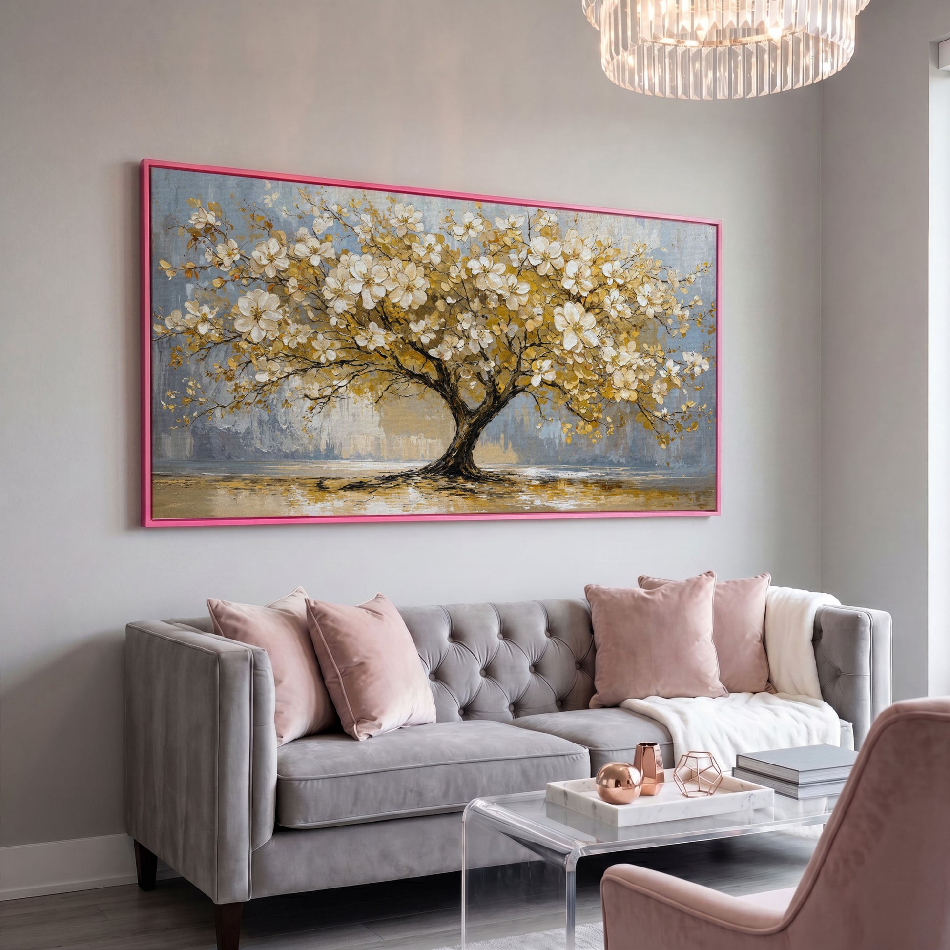 Flowering Tree Canvas Wall Art in pink floating frame