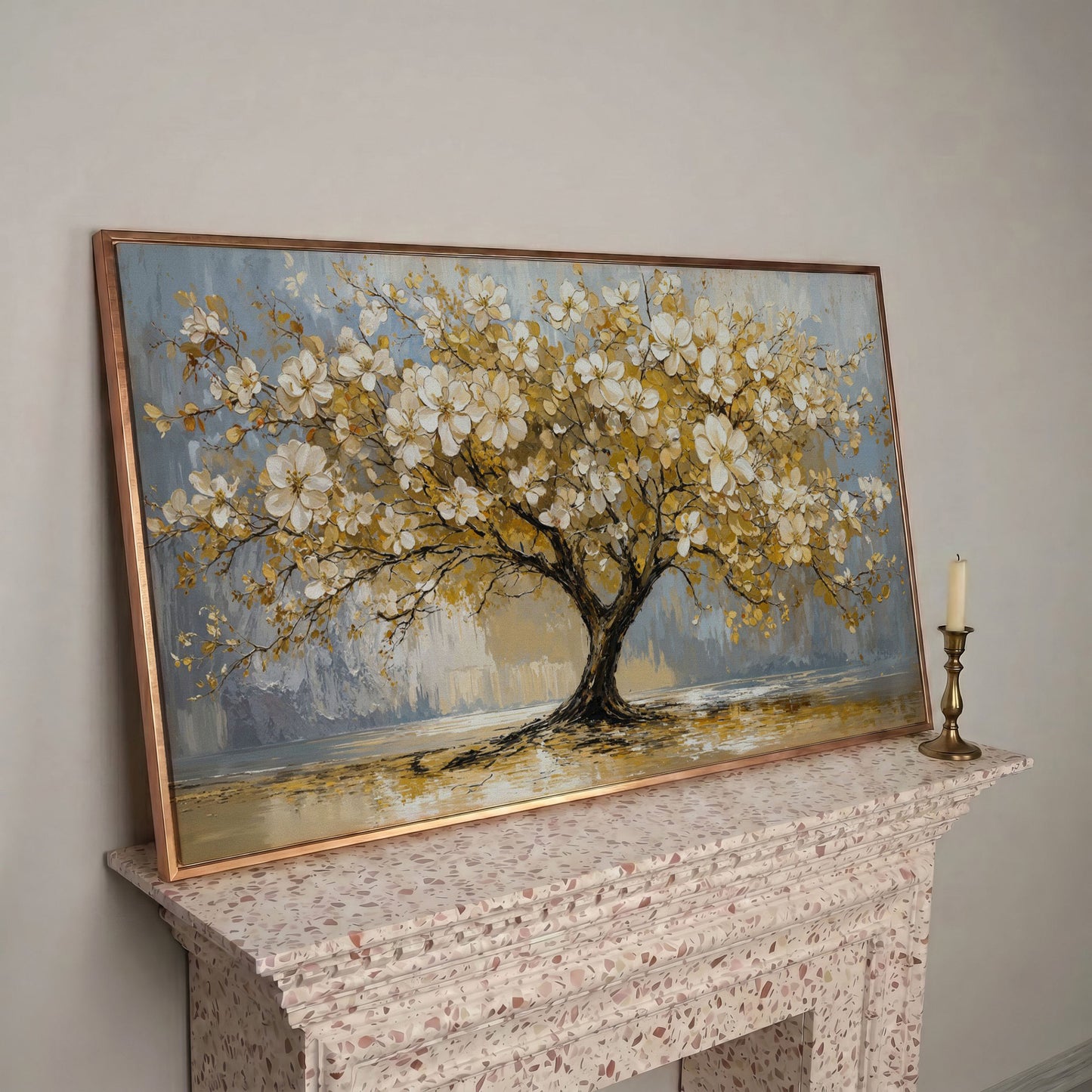Flowering Tree Canvas Wall Art in rose gold floating frame