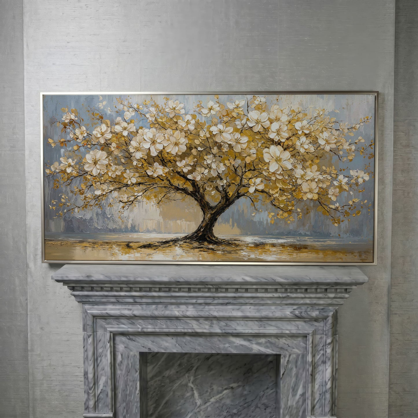 Flowering Tree Canvas Wall Art in silver floating frame