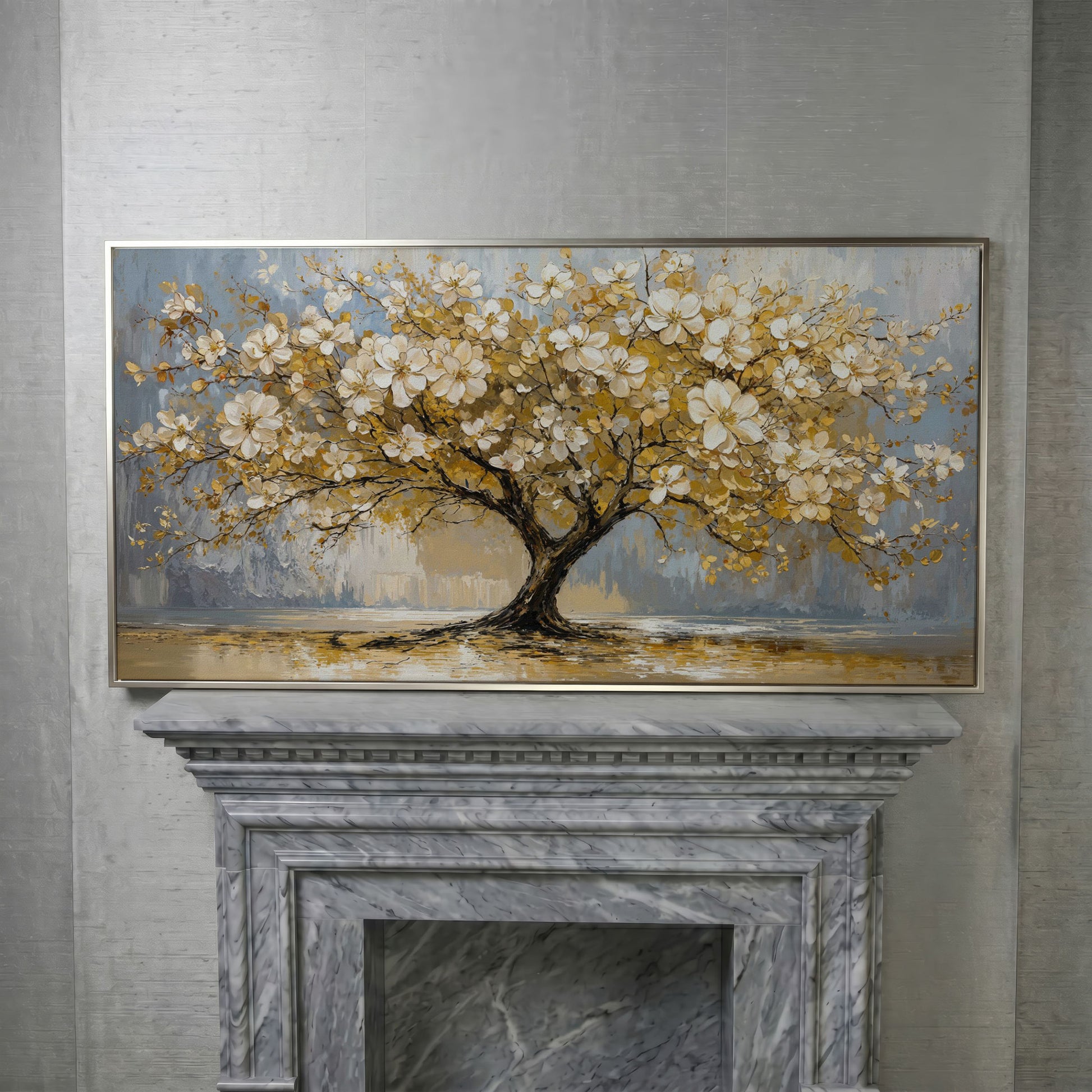 Flowering Tree Canvas Wall Art in silver floating frame