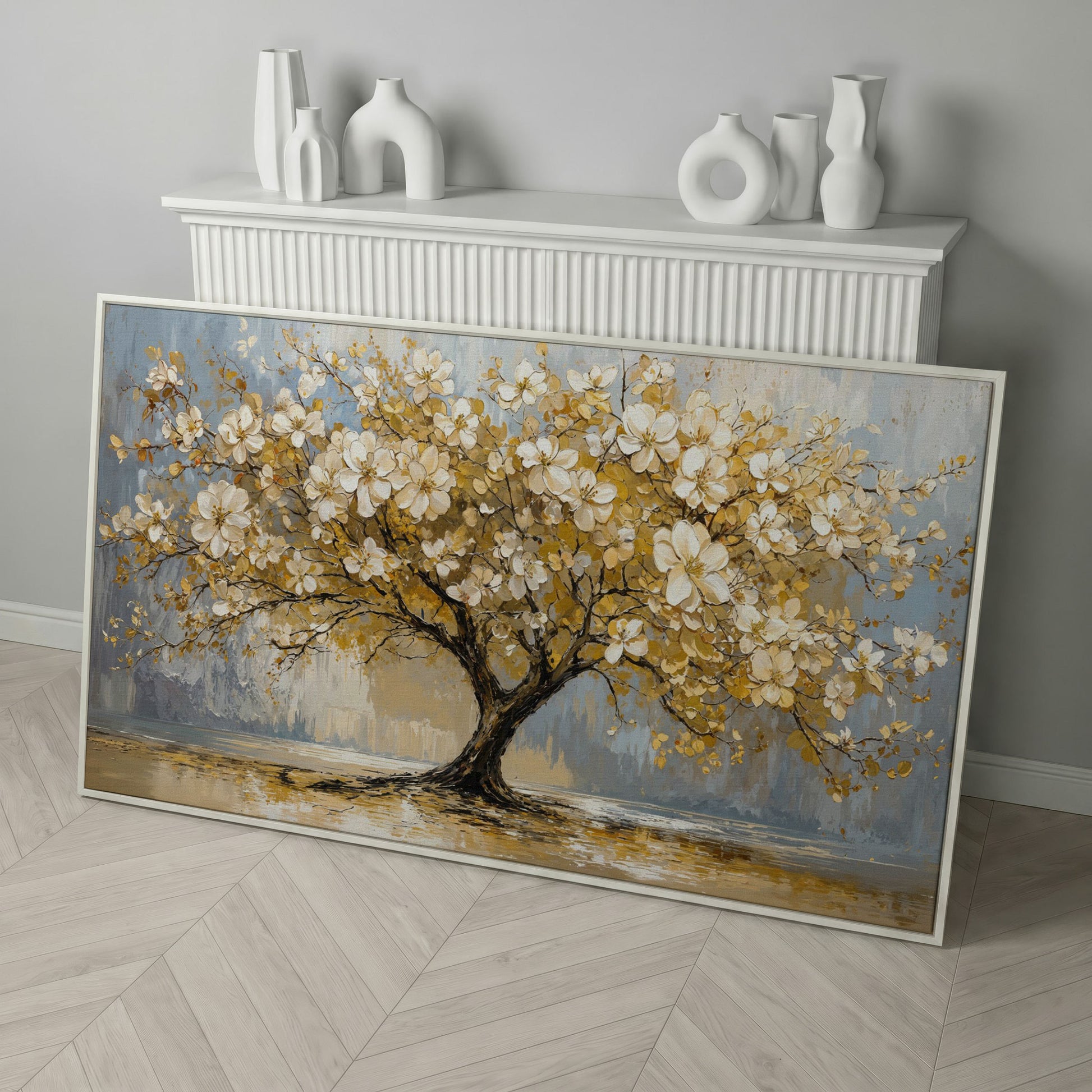 Flowering Tree Canvas Wall Art in white floating frame