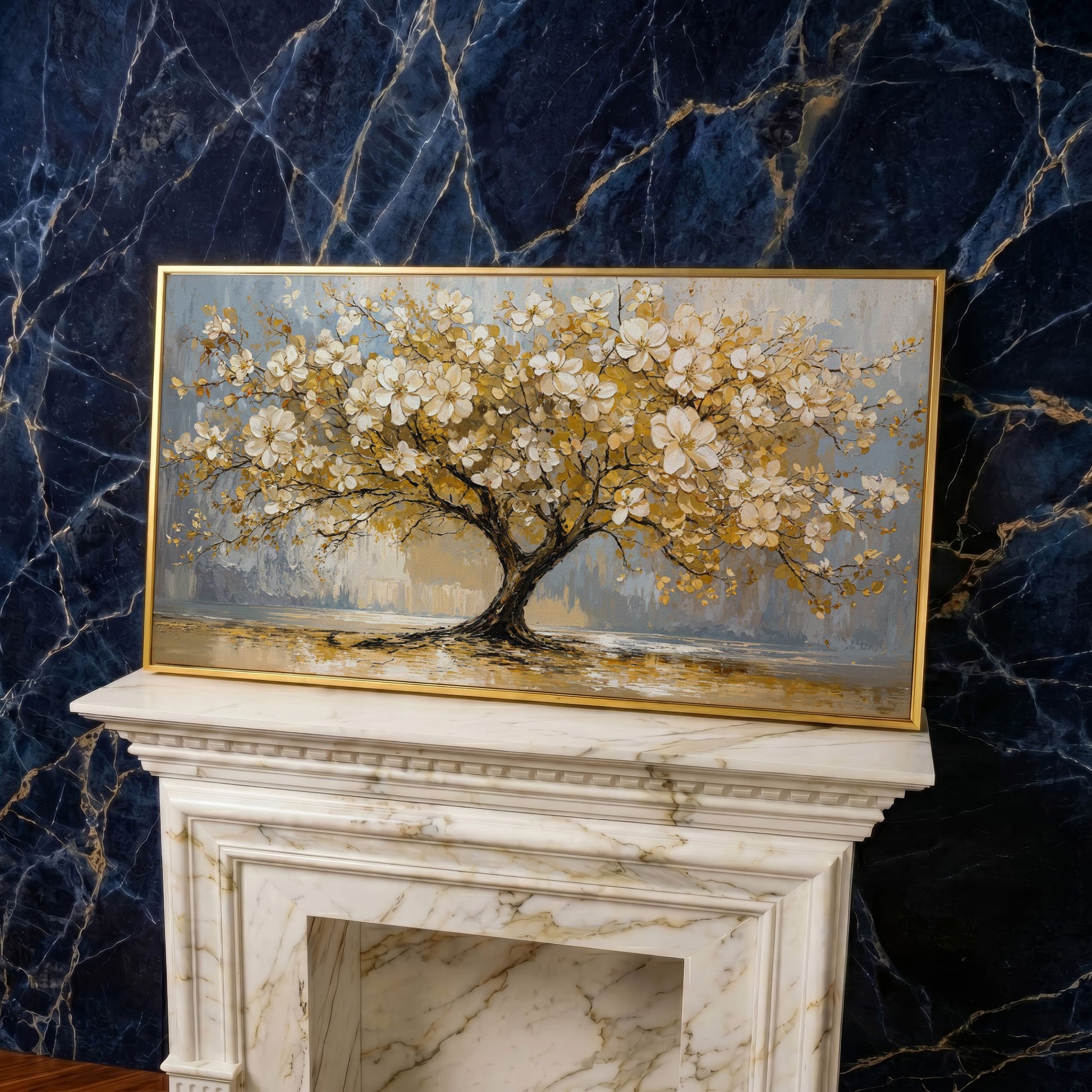 Flowering Tree Canvas Wall Art in yellow gold floating frame