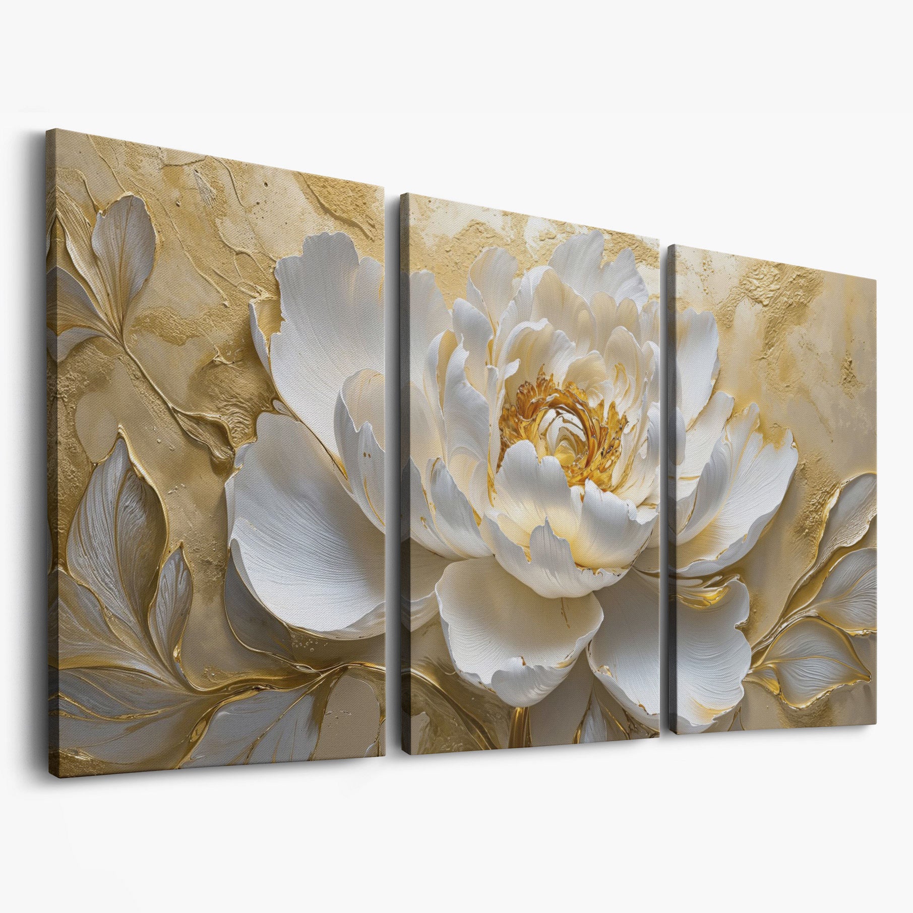 White and Gold Peony Canvas as 3-panel split version