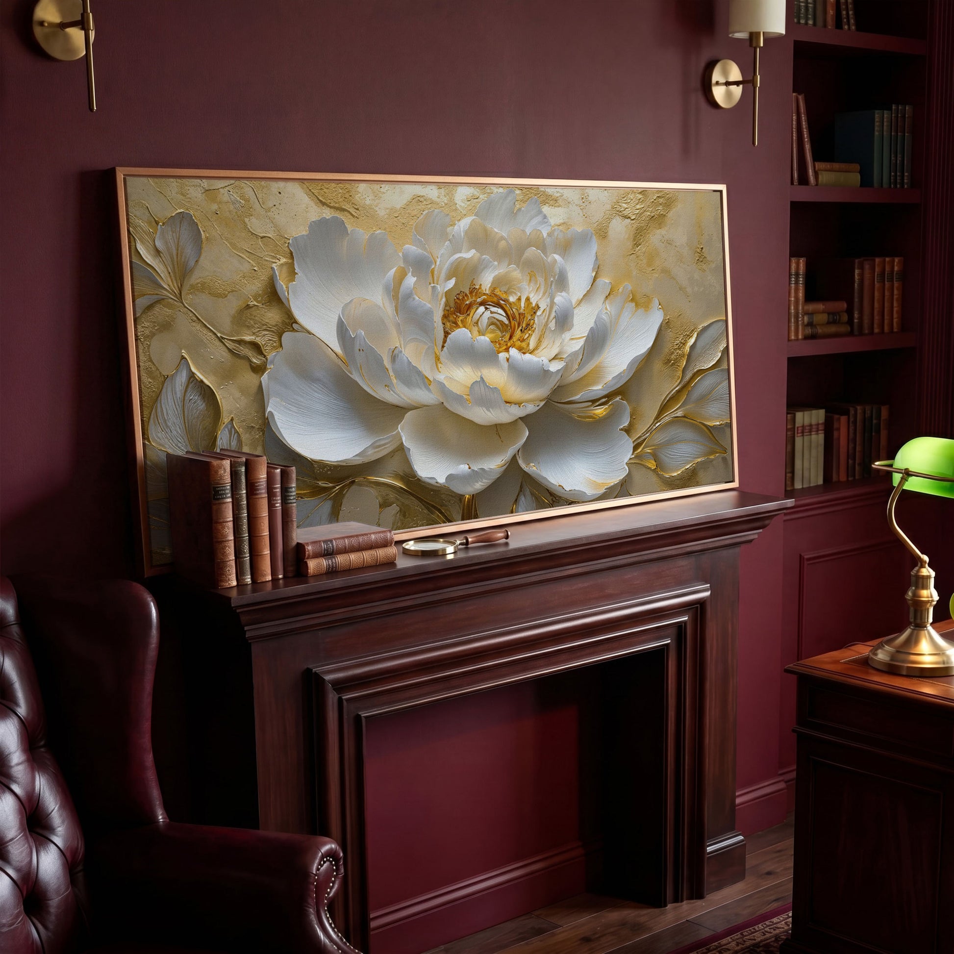 White and Gold Peony Canvas in antique gold floating frame