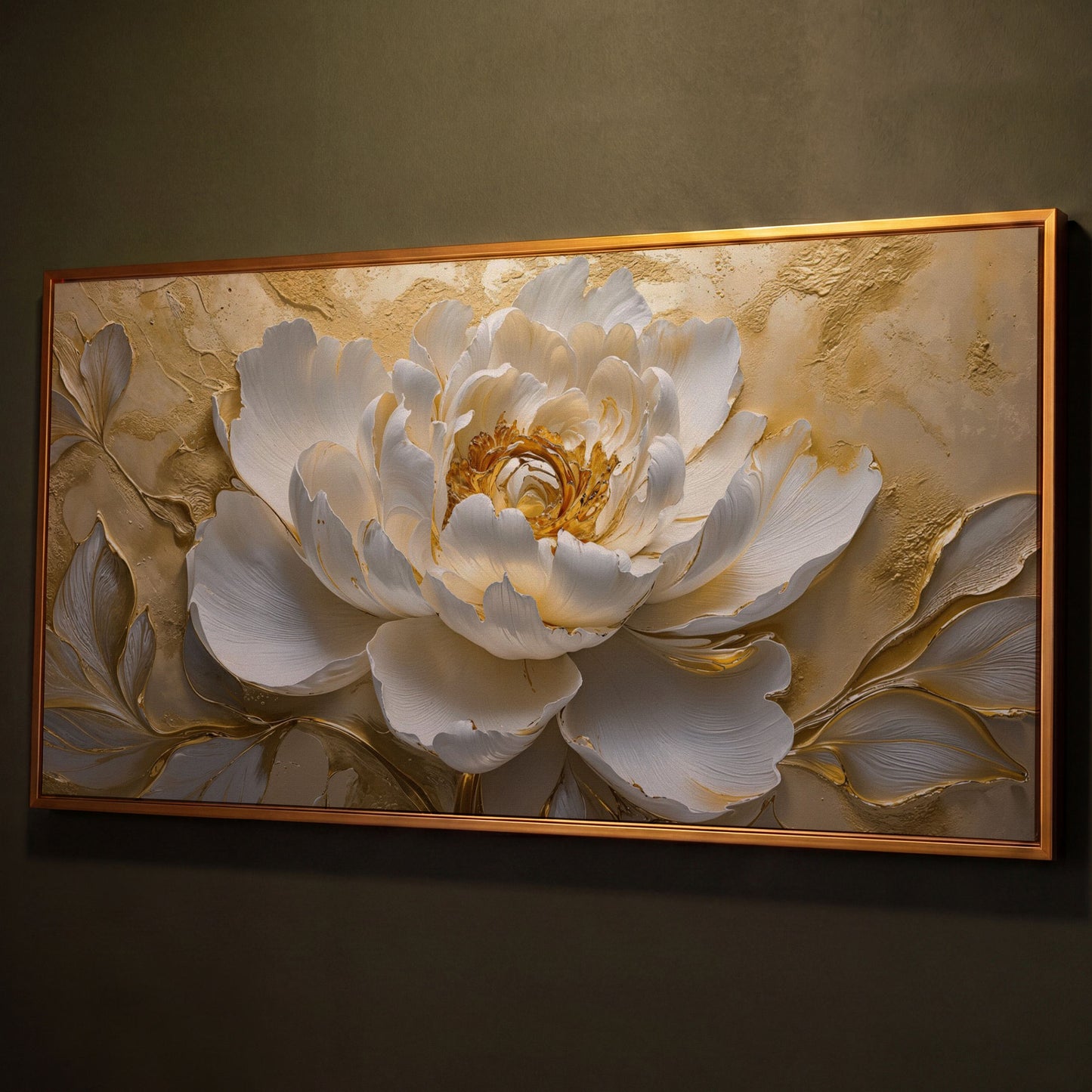 White and Gold Peony Canvas shown in antique gold floating frame