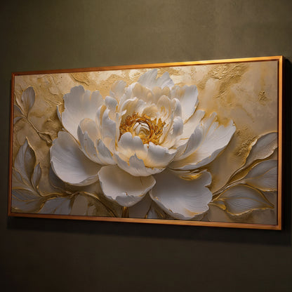 White and Gold Peony Canvas shown in antique gold floating frame