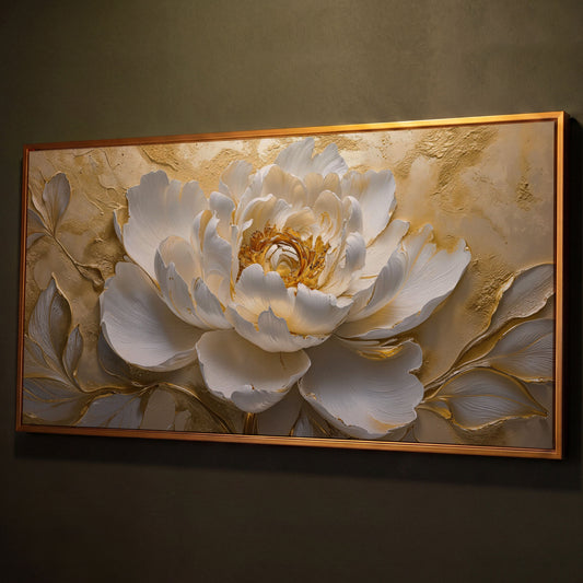 White and Gold Peony Canvas shown in antique gold floating frame