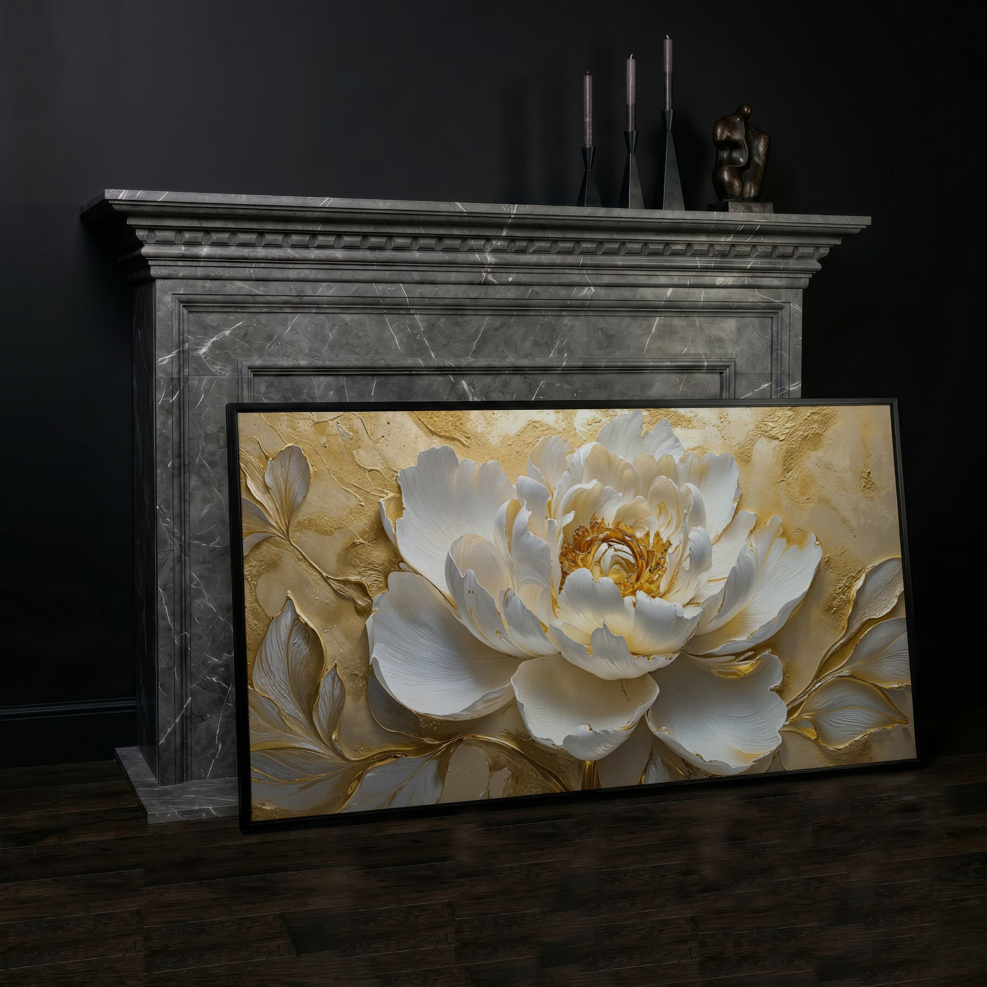 White and Gold Peony Canvas in black floating frame