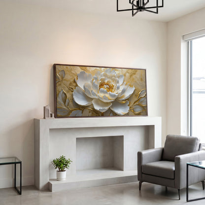 White and Gold Peony Canvas in dark walnut floating frame