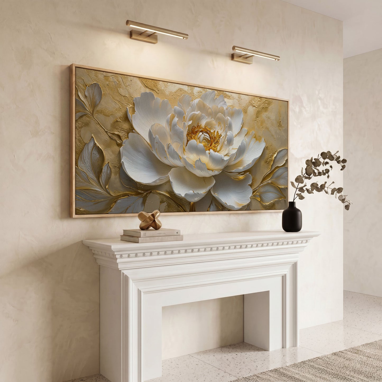 White and Gold Peony Canvas in white oak floating frame
