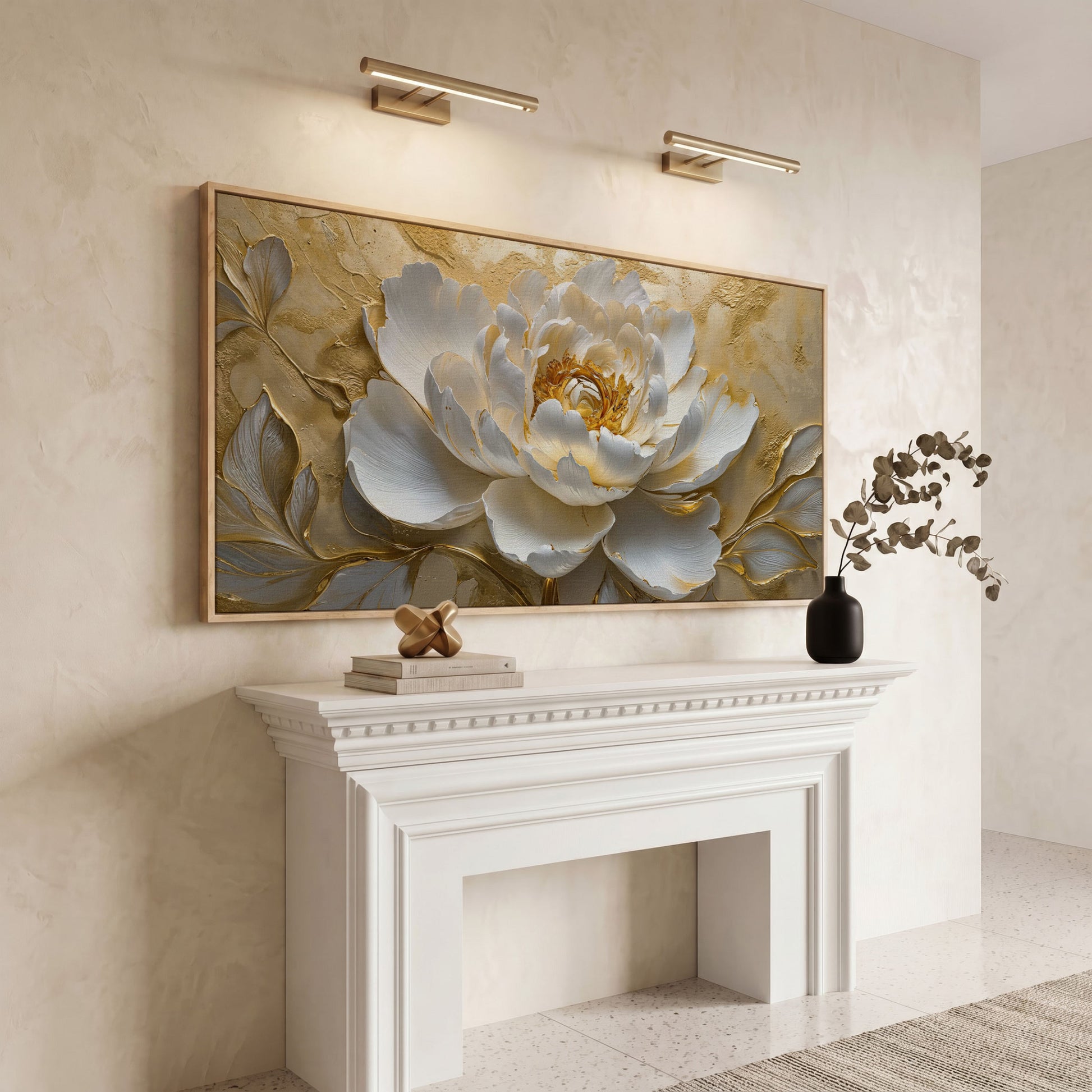 White and Gold Peony Canvas in white oak floating frame