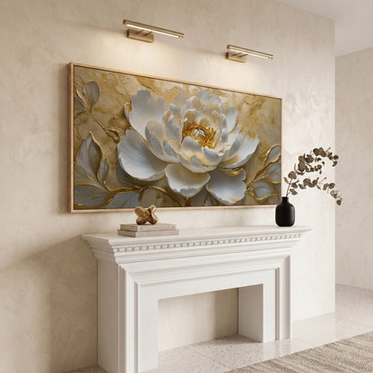 White and Gold Peony Canvas in white oak floating frame