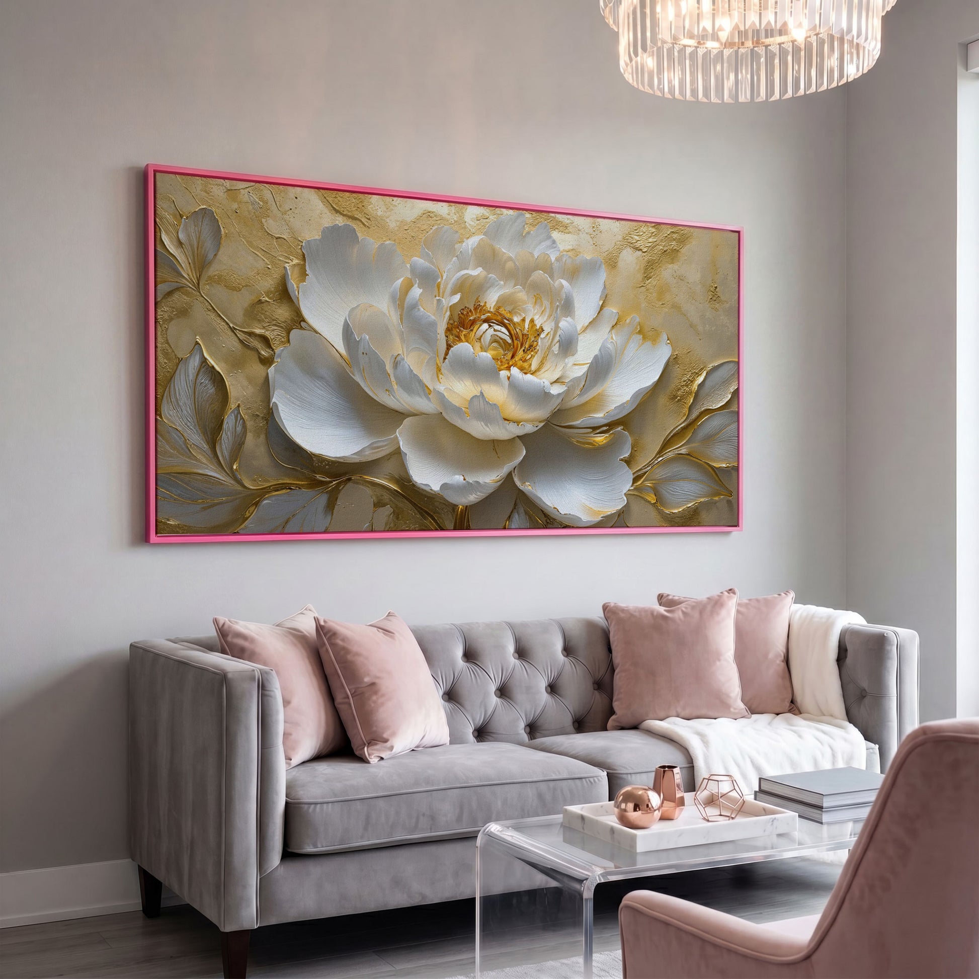 White and Gold Peony Canvas in pink floating frame