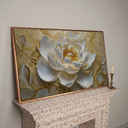White and Gold Peony Canvas in rose gold floating frame