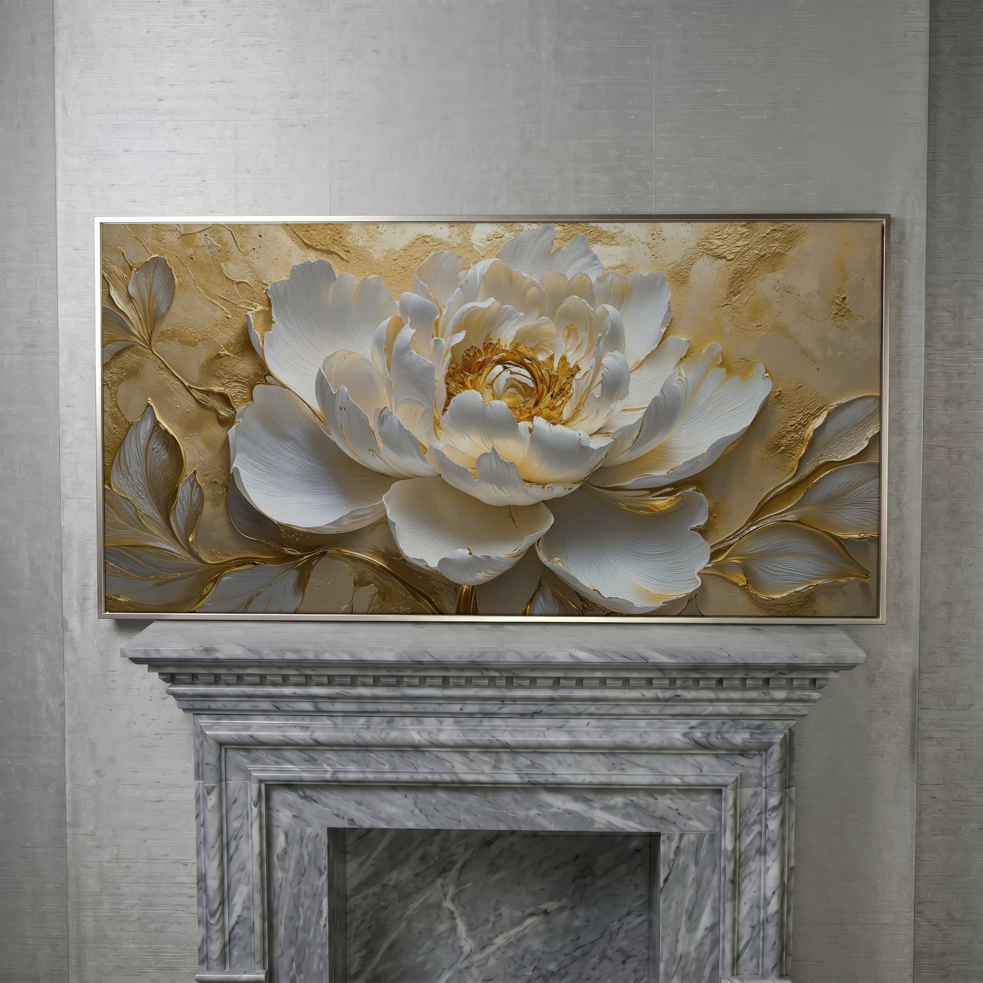 White and Gold Peony Canvas in silver floating frame