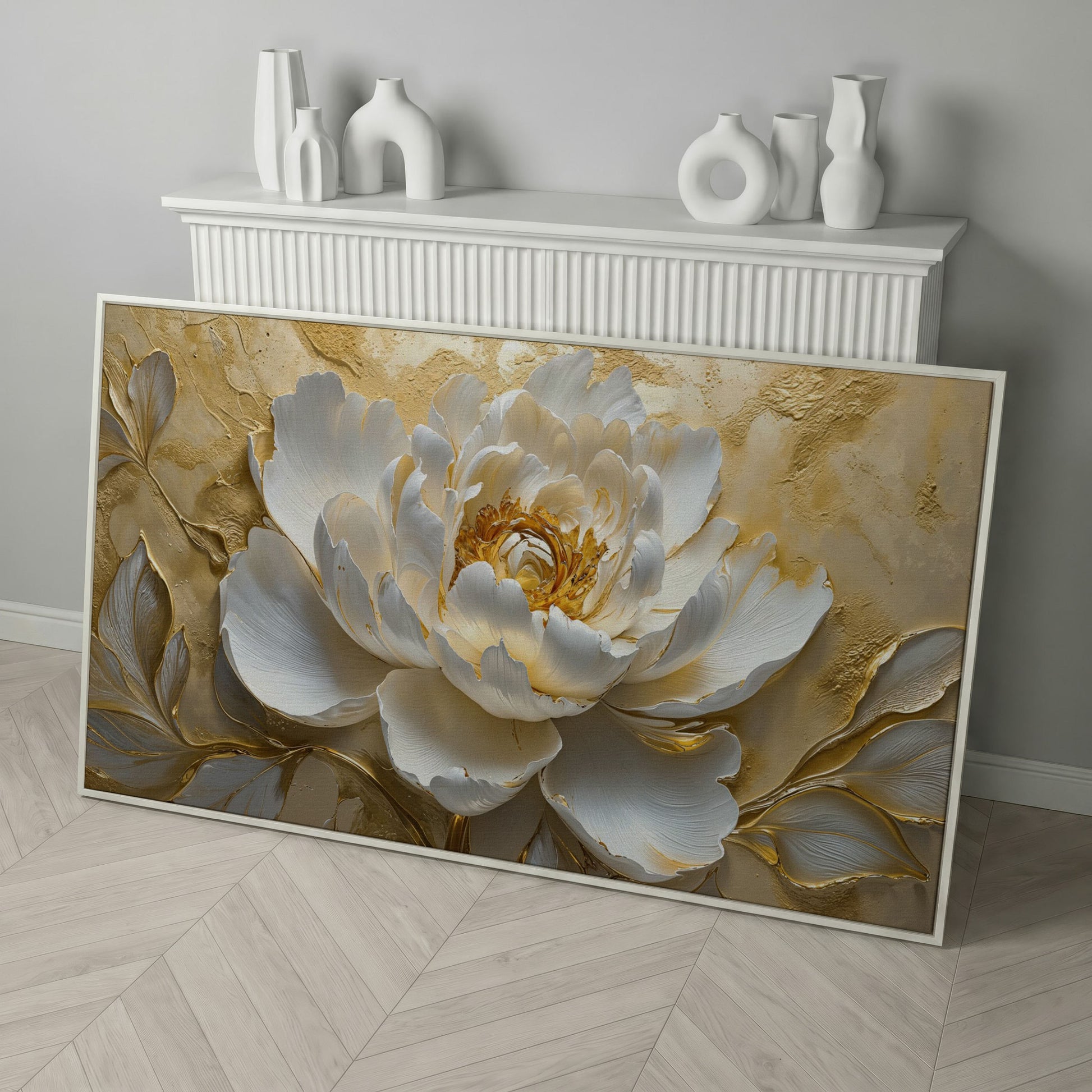 White and Gold Peony Canvas in white floating frame