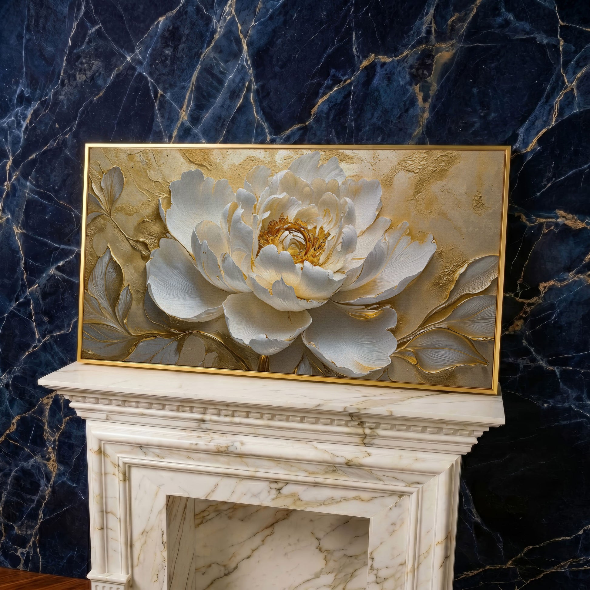 White and Gold Peony Canvas in yellow gold floating frame