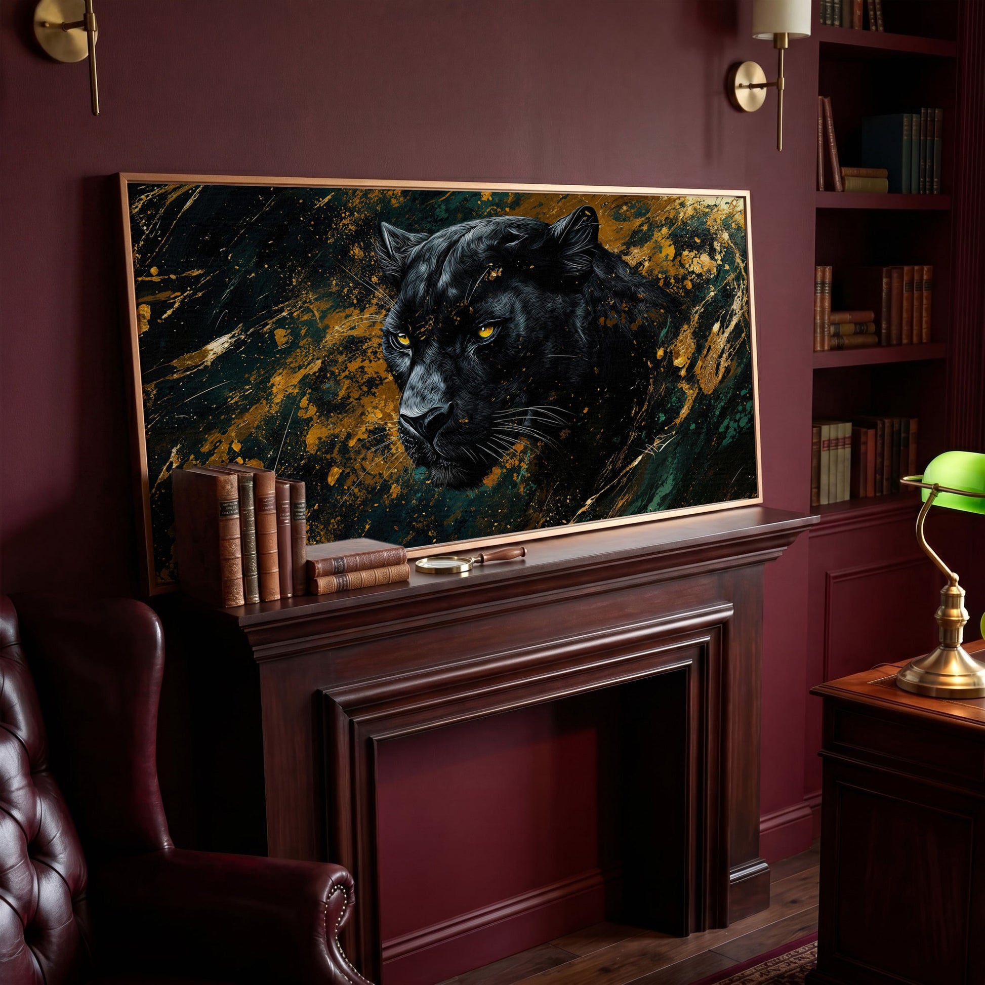 Black Panther Wildlife Canvas in antique gold floating frame