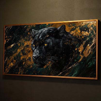Black Panther Wildlife Canvas shown in antique gold floating frame