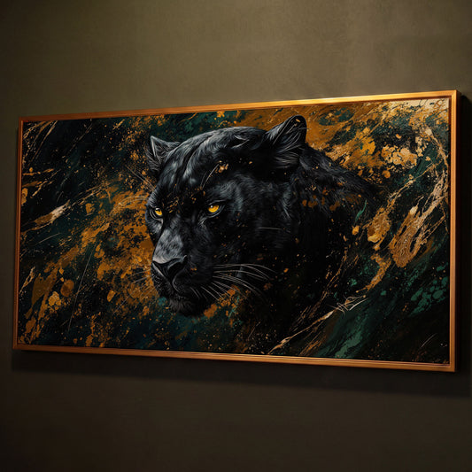 Black Panther Wildlife Canvas shown in antique gold floating frame