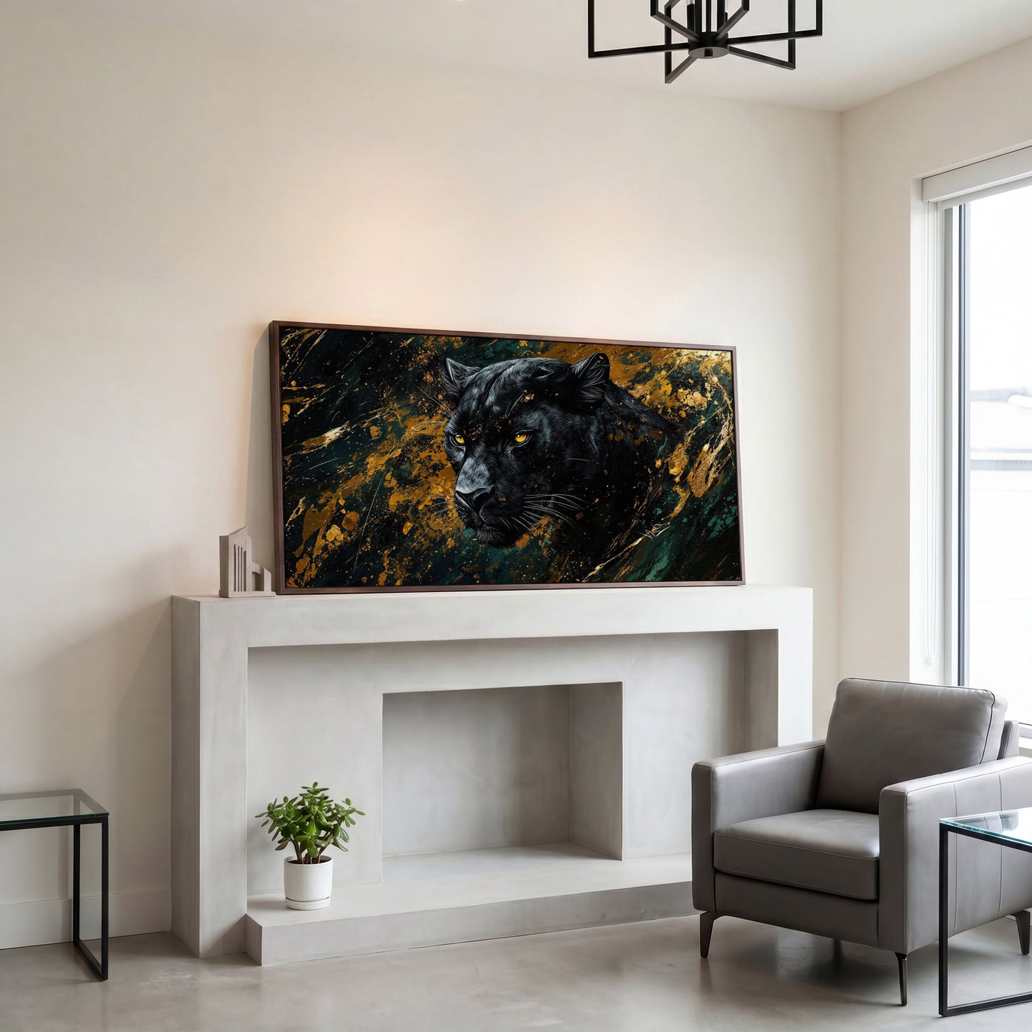 Black Panther Wildlife Canvas in dark walnut floating frame