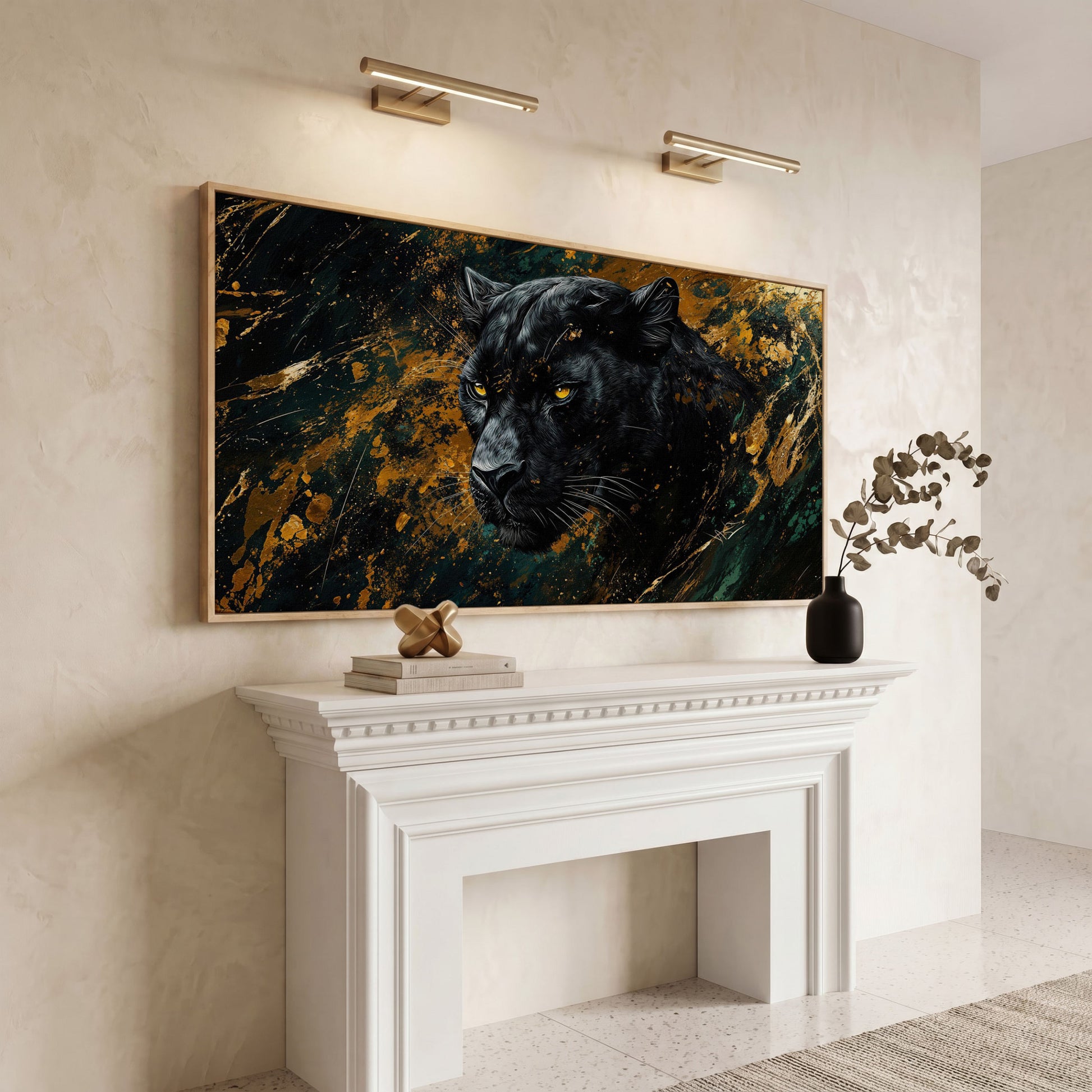 Black Panther Wildlife Canvas in white oak floating frame